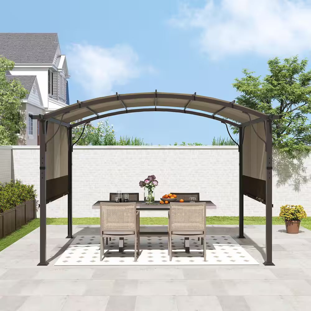 10 Ft. X 10 Ft. Brown Aluminum Outdoor Pergola with Slightly Arched Canopy and Retractable Shade