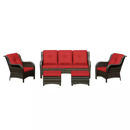 5-Piece Wicker Outdoor Patio Seating Set Sectional Sofa with Red Cushions