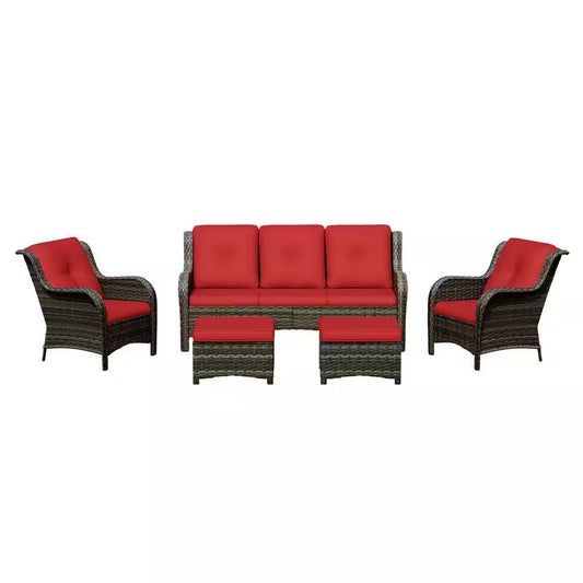 5-Piece Wicker Outdoor Patio Seating Set Sectional Sofa with Red Cushions