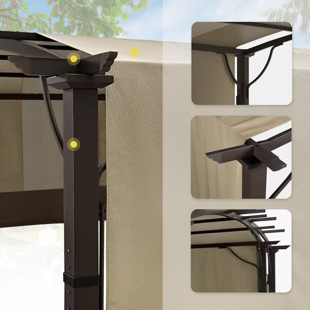 10 Ft. X 10 Ft. Brown Aluminum Outdoor Pergola with Slightly Arched Canopy and Retractable Shade