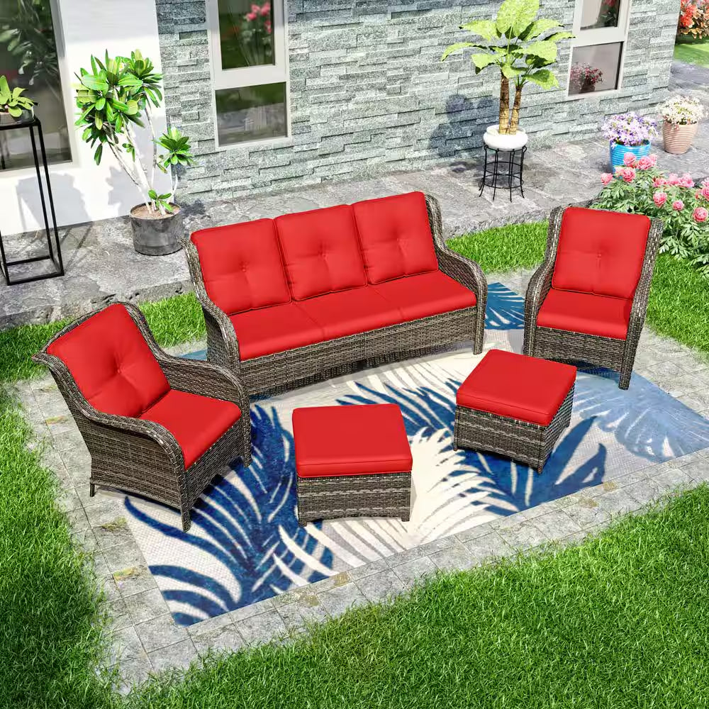 5-Piece Wicker Outdoor Patio Seating Set Sectional Sofa with Red Cushions