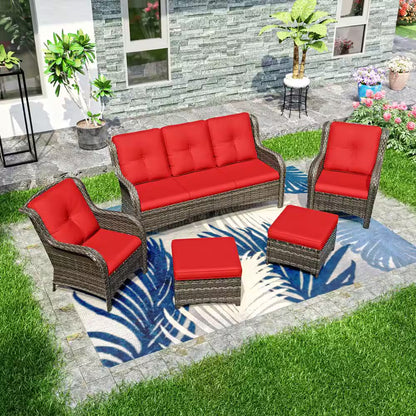 5-Piece Wicker Outdoor Patio Seating Set Sectional Sofa with Red Cushions