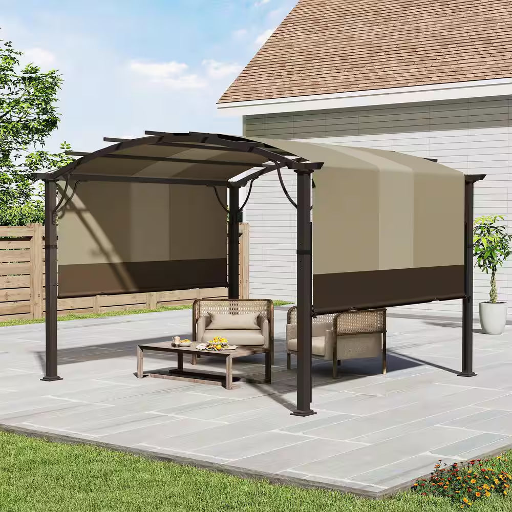 10 Ft. X 10 Ft. Brown Aluminum Outdoor Pergola with Slightly Arched Canopy and Retractable Shade