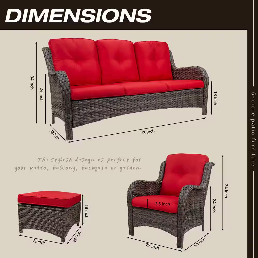 5-Piece Wicker Outdoor Patio Seating Set Sectional Sofa with Red Cushions
