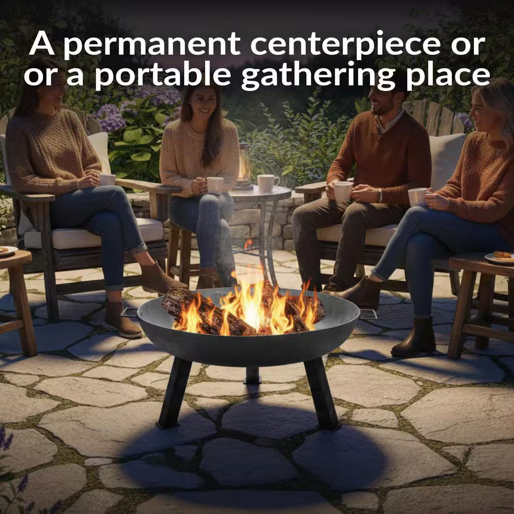 30 In. X 15 In. round Cast Iron Wood Burning Fire Pit Bowl in Steel