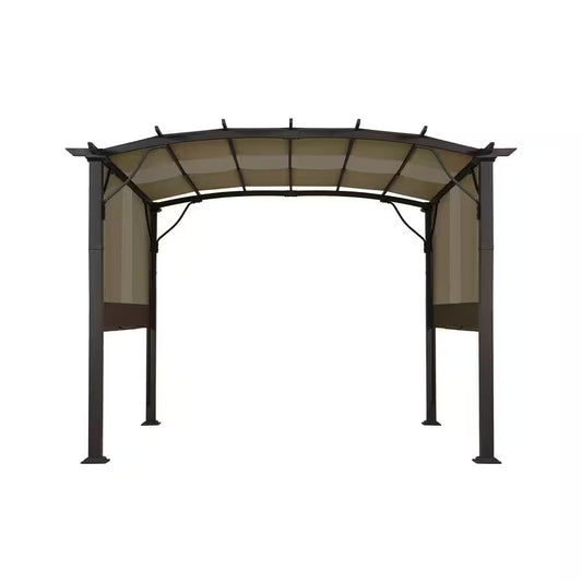 10 Ft. X 10 Ft. Brown Aluminum Outdoor Pergola with Slightly Arched Canopy and Retractable Shade
