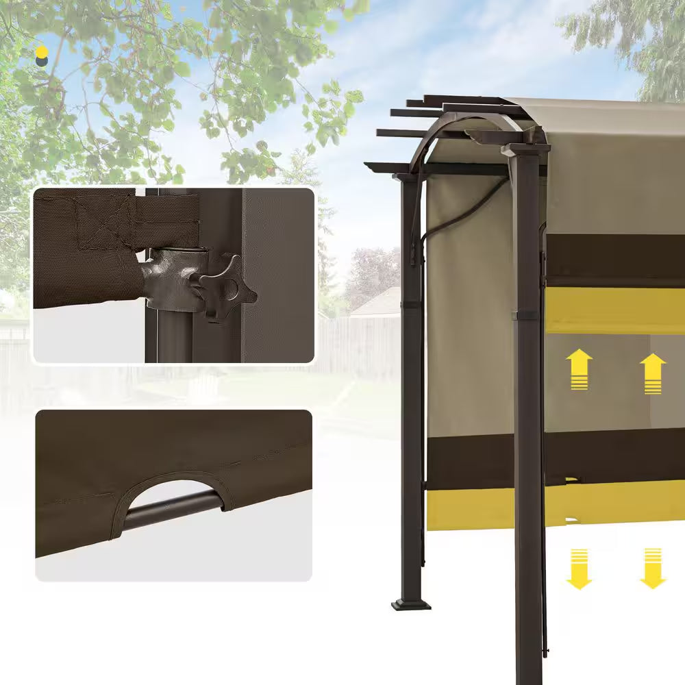 10 Ft. X 10 Ft. Brown Aluminum Outdoor Pergola with Slightly Arched Canopy and Retractable Shade