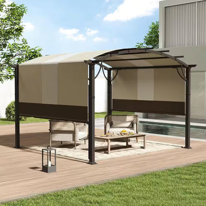 10 Ft. X 10 Ft. Brown Aluminum Outdoor Pergola with Slightly Arched Canopy and Retractable Shade