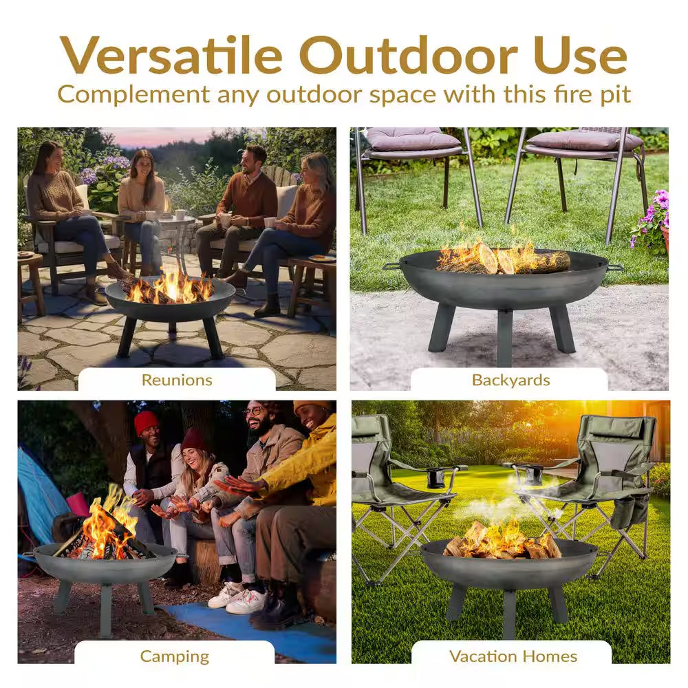 30 In. X 15 In. round Cast Iron Wood Burning Fire Pit Bowl in Steel
