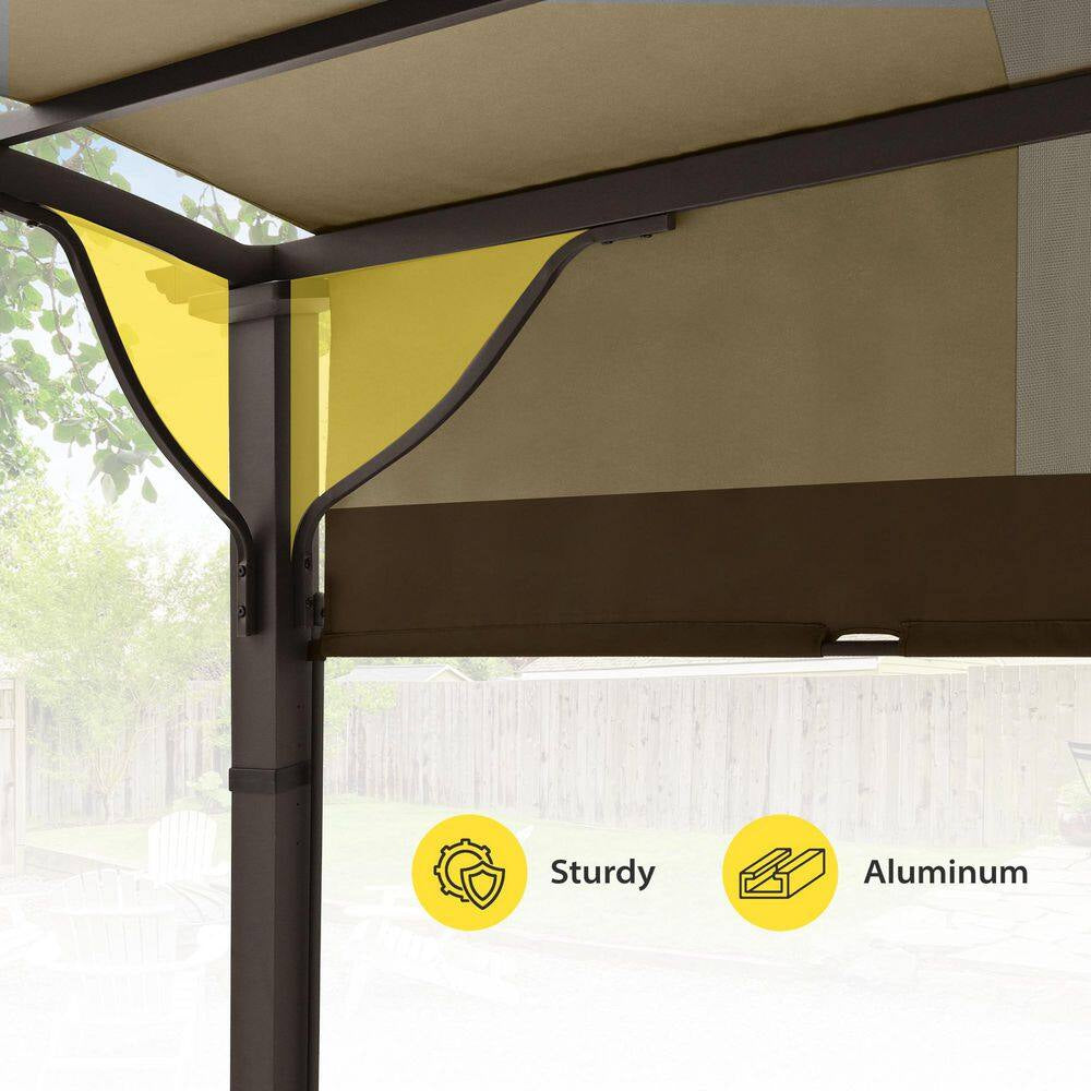 10 Ft. X 10 Ft. Brown Aluminum Outdoor Pergola with Slightly Arched Canopy and Retractable Shade