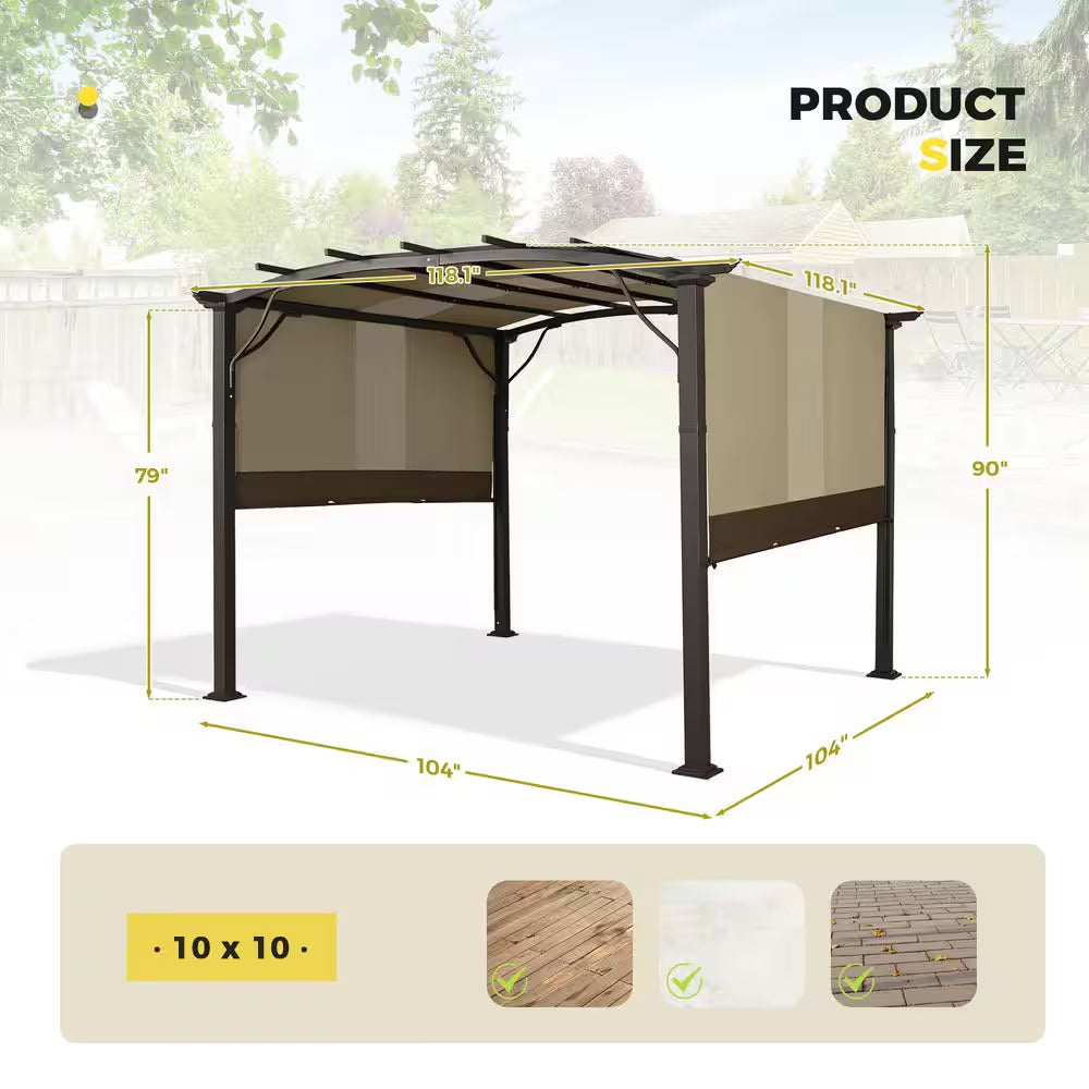 10 Ft. X 10 Ft. Brown Aluminum Outdoor Pergola with Slightly Arched Canopy and Retractable Shade