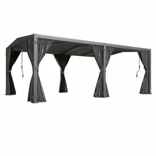 12X20 Louvered Pergola,Dark Grey Aluminum Frame with Adjustable Rainproof Roof, Featuring Waterproof Curtains and Nets