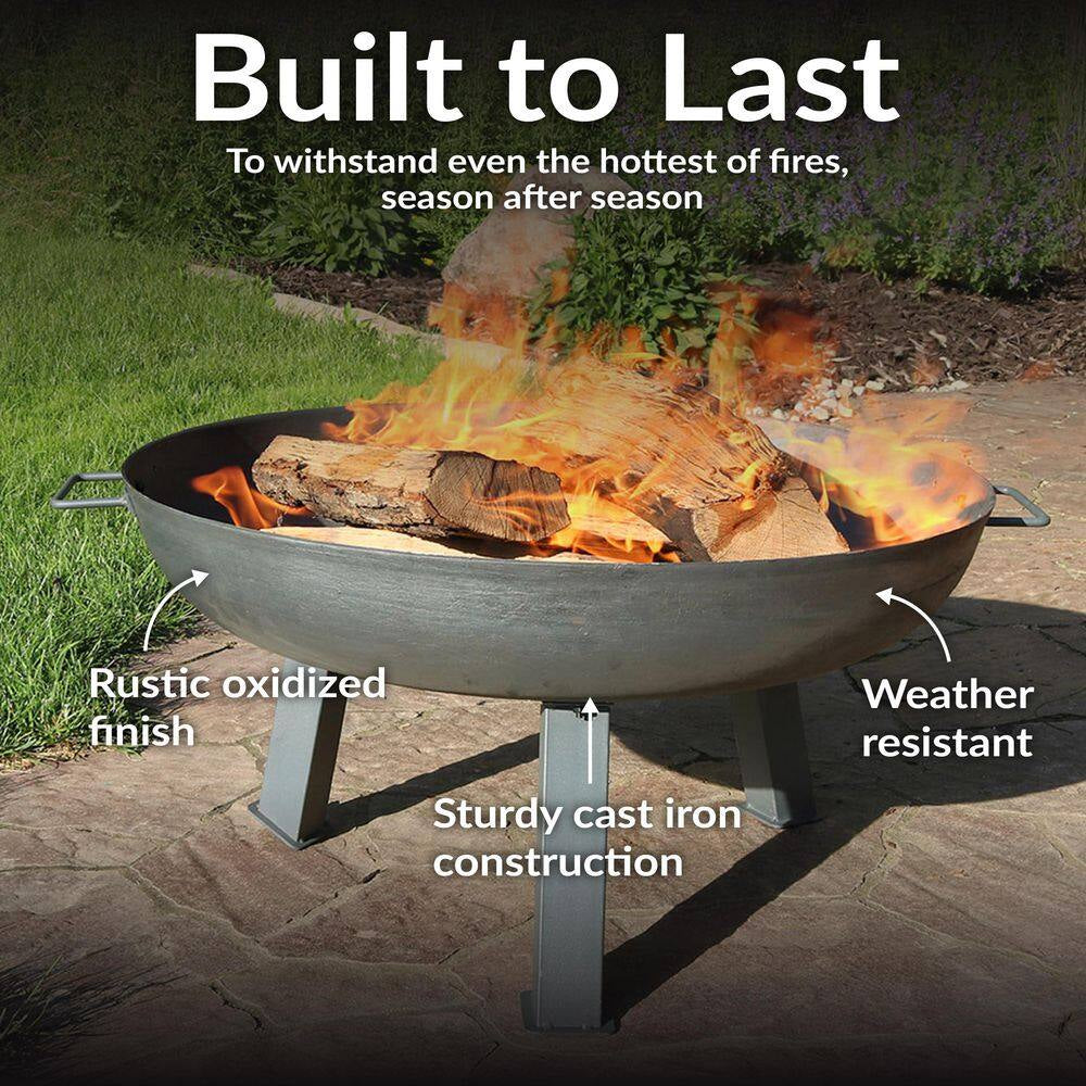 30 In. X 15 In. round Cast Iron Wood Burning Fire Pit Bowl in Steel