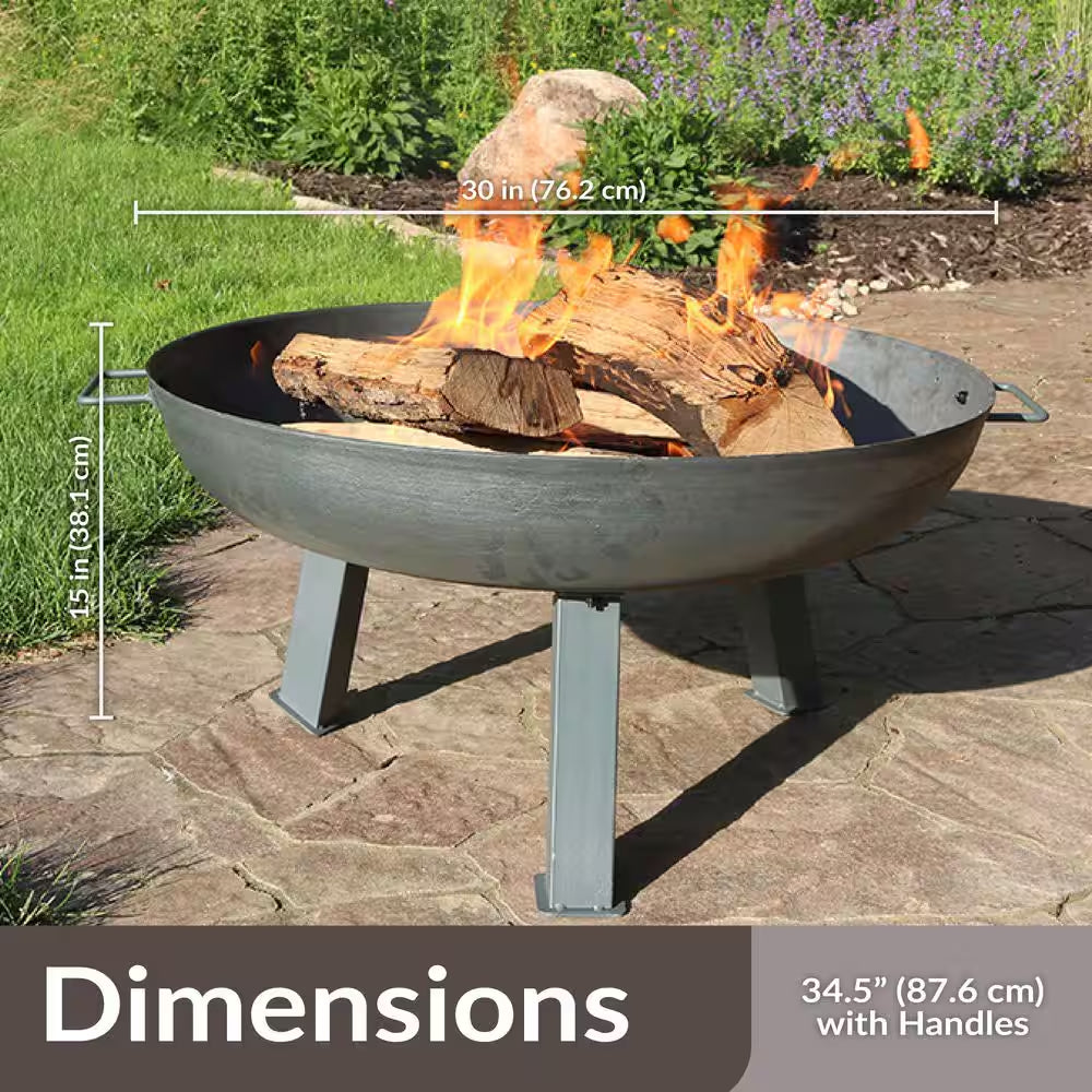 30 In. X 15 In. round Cast Iron Wood Burning Fire Pit Bowl in Steel